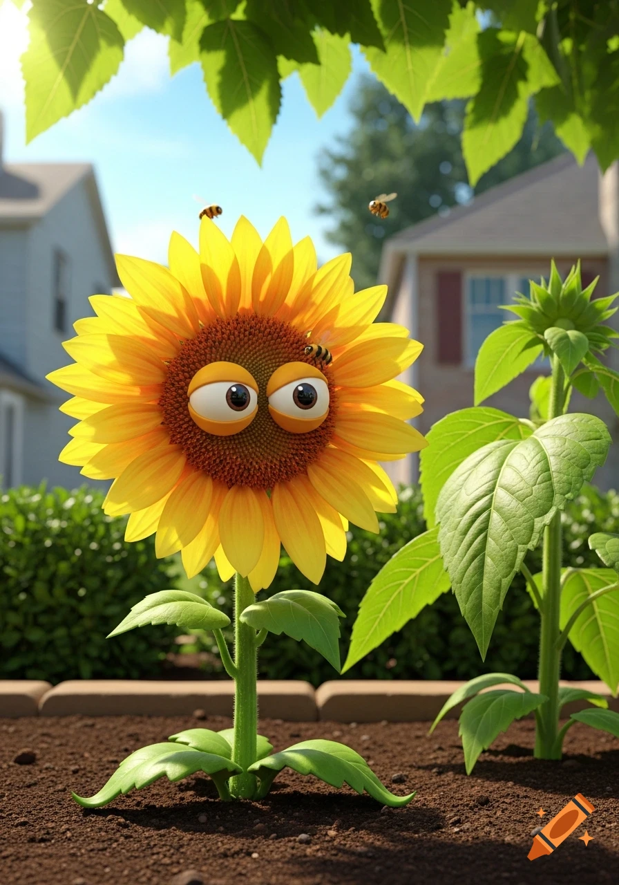 A cartoon sunflower with googly eyes and two bees on it stands in a sunny garden.
