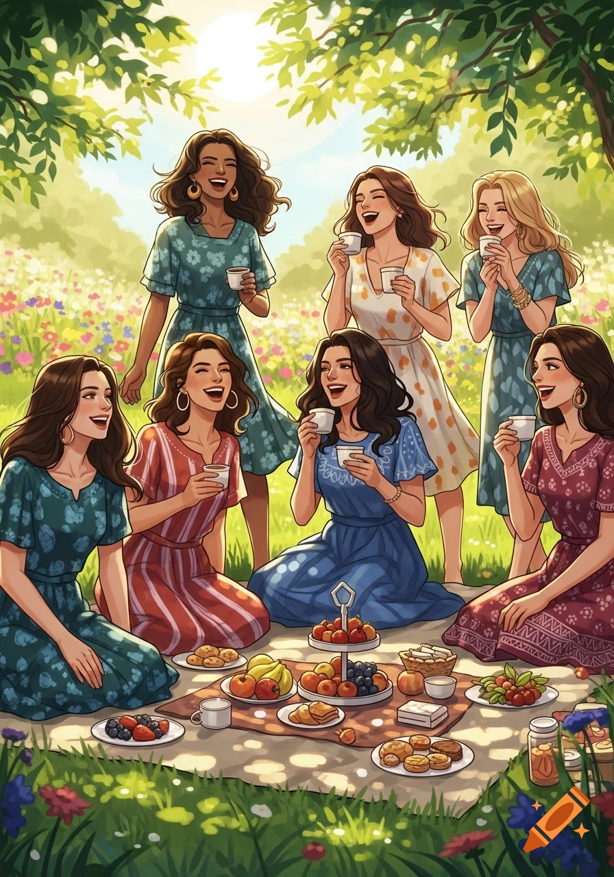 Seven young women in colorful dresses laughing and enjoying a picnic with fruit and pastries in a sunny, flowery field under trees.