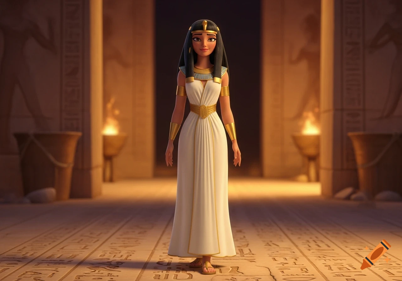 A cartoon Egyptian high priestess with long black hair, hazel eyes, and a long white dress stands in a temple with hieroglyphs.
