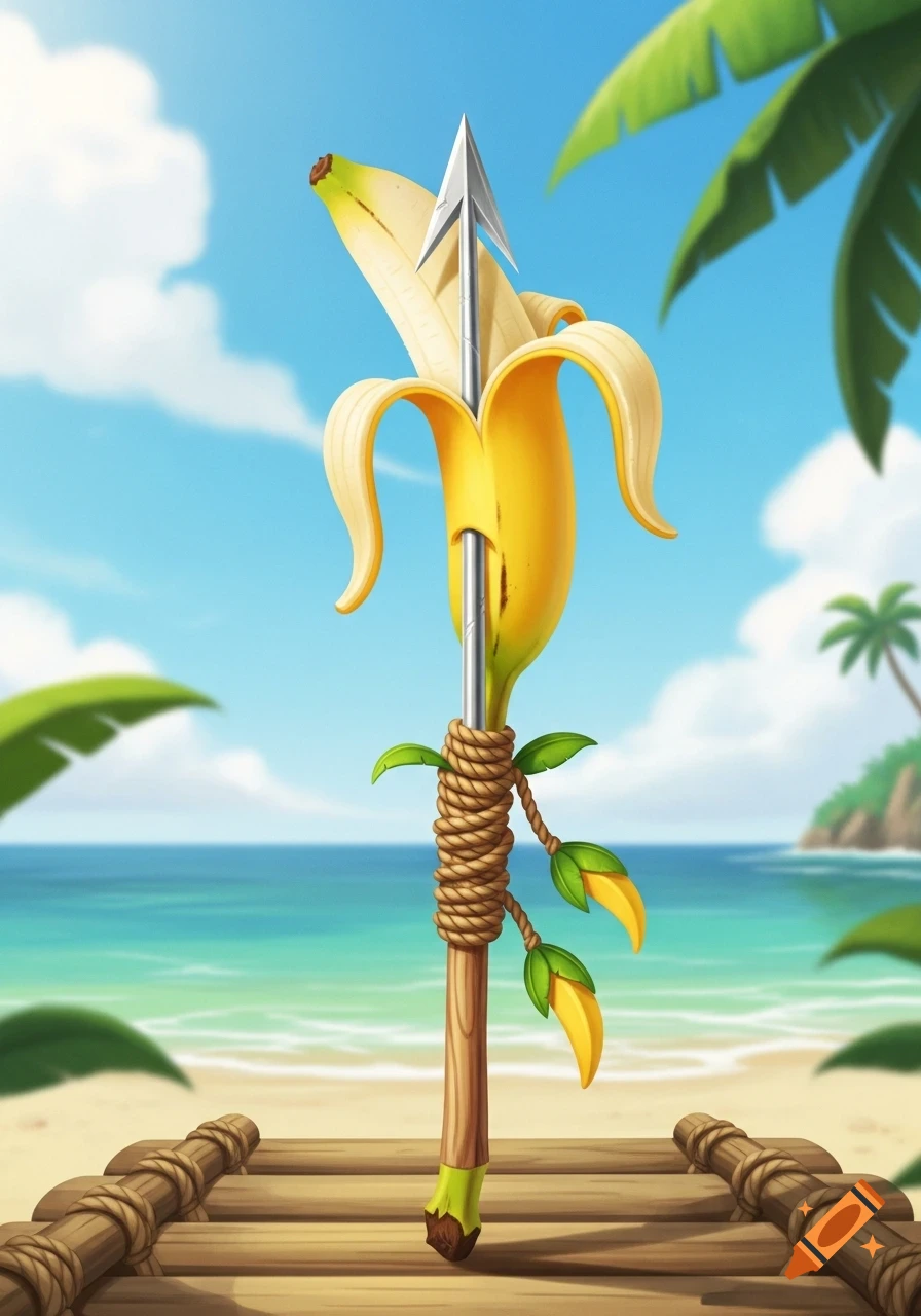 A whimsical, cartoon banana-shaped harpoon stands on a wooden raft on a sunny tropical beach.