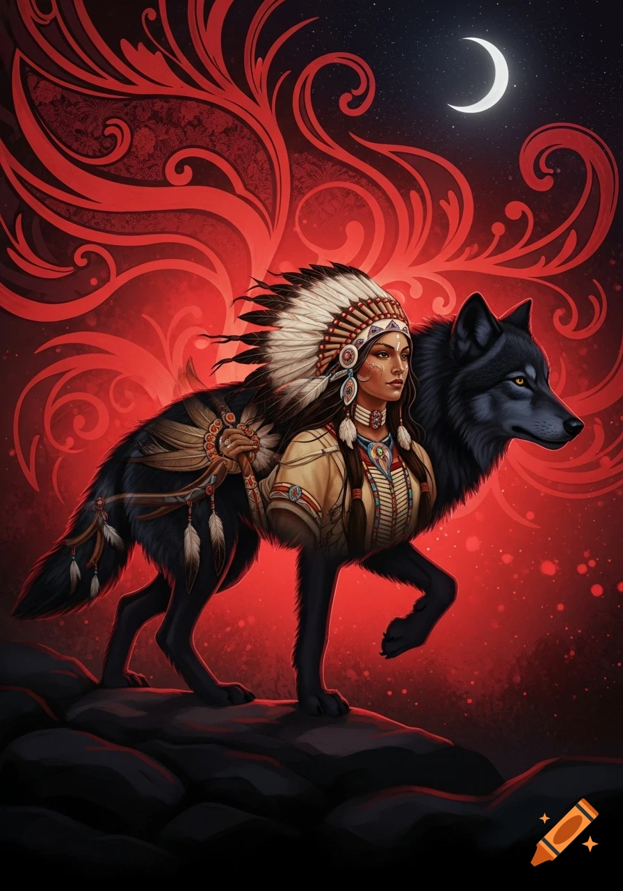 A fantasy illustration of a Native American woman in a headdress merged with a black wolf, under a crescent moon, with red swirling patterns.