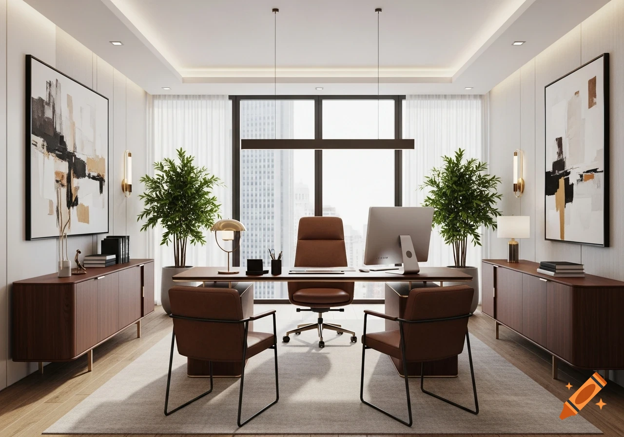A modern, luxurious professional office with a large wooden desk, brown leather chairs, tall plants, abstract art, and a city view.