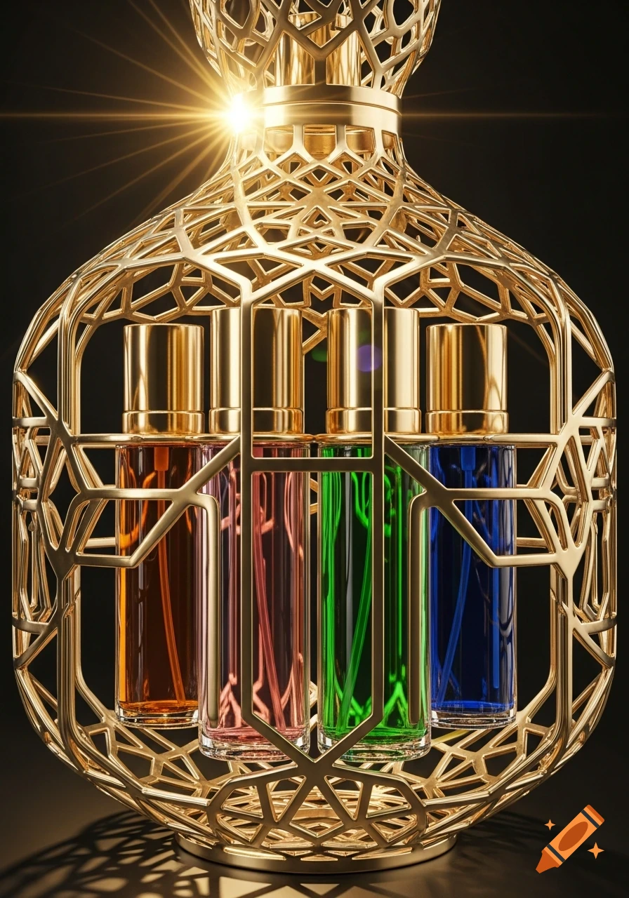 Photorealistic image of a golden, intricate decorative holder containing four colorful perfume bottles on a dark background.