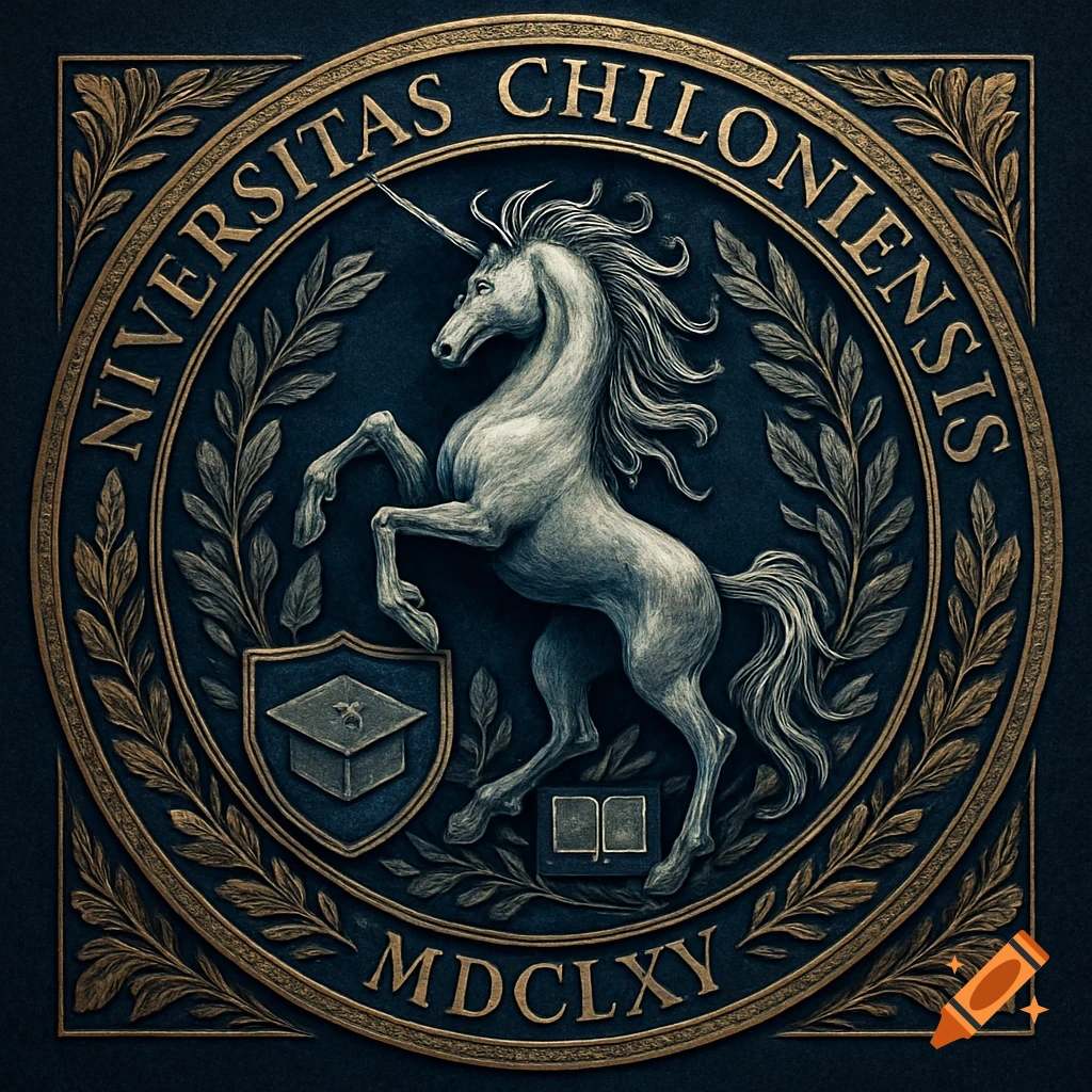 A circular gold and dark blue university seal with a rearing unicorn, laurel leaves, a graduation cap, an open book, and text.