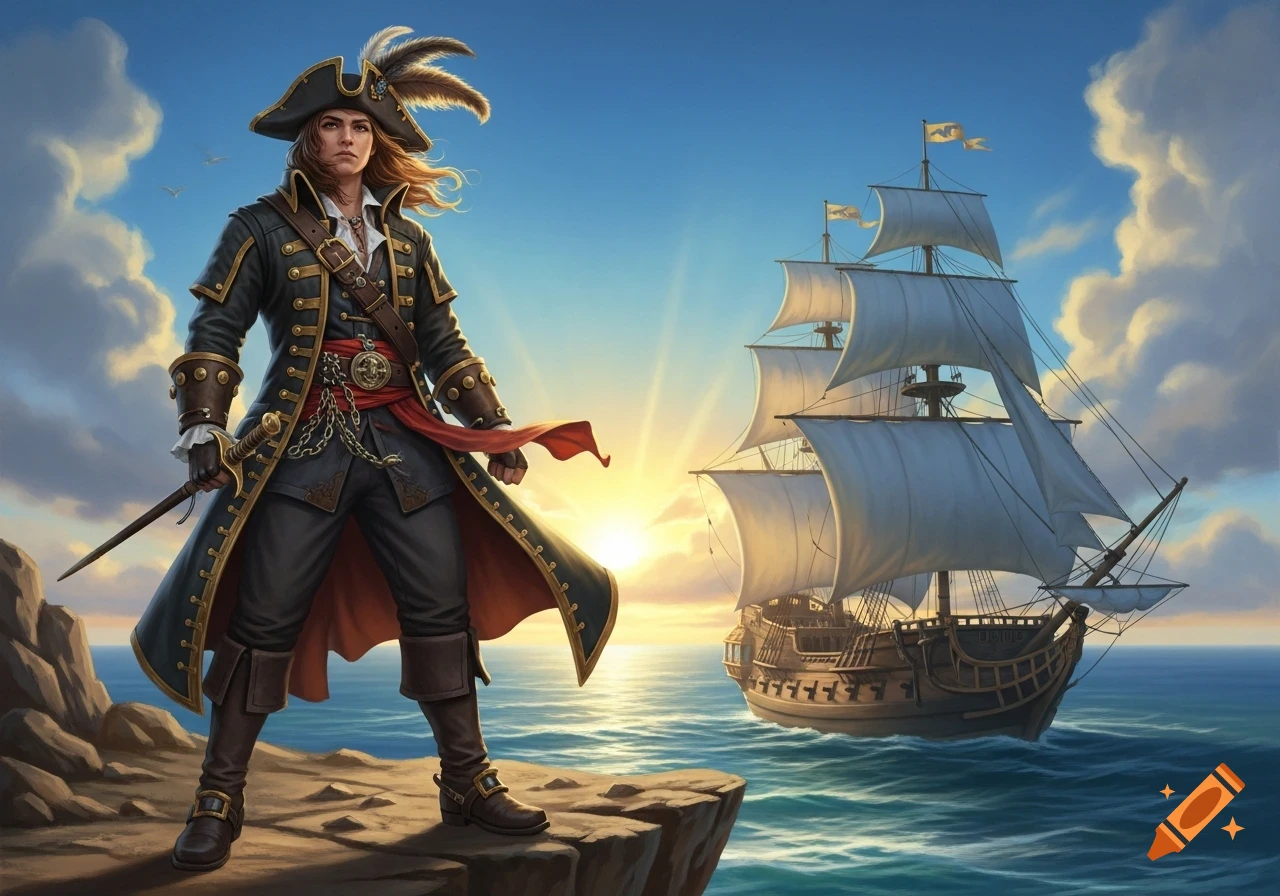 A female pirate in a feathered tricorne hat and long coat stands on a cliff, holding a sword, with a tall ship sailing at sunset.