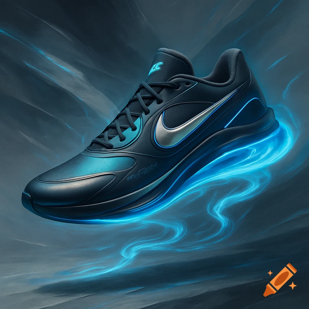 A dark blue and teal sneaker with glowing blue energy trailing behind it, against a dark, swirling background.