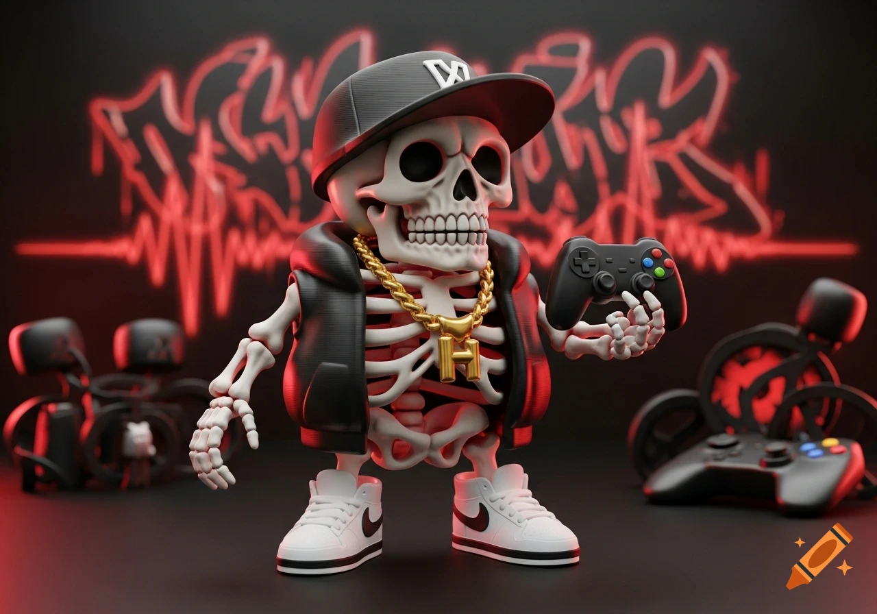 A 3D rendered cartoon skeleton character wearing a backward baseball cap, gold chain, black jacket, and white sneakers. It holds a black video game controller, standing against a dark background with red graffiti and a sound wave pattern.
