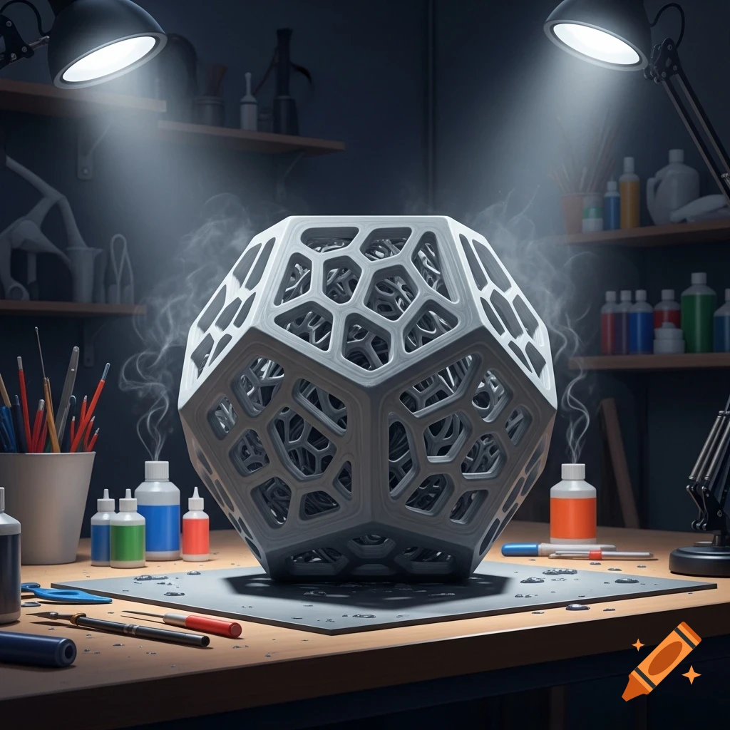 A white, complex geometric 3D-printed object with a porous surface on a workshop table, illuminated by lamps, with smoke rising around it.
