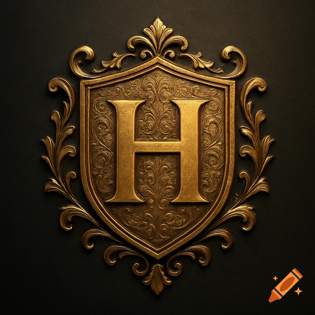 A golden ornate shield emblem with a prominent capital letter H in the center, set against a dark background.
