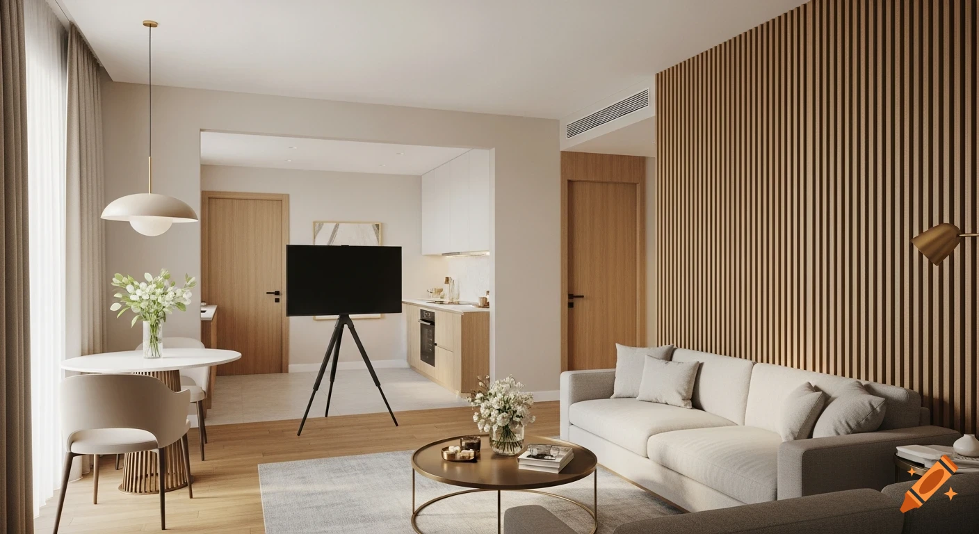 Photorealistic, warm-toned modern living room with a light gray sofa, wooden slat wall, round coffee table, and a dining area.