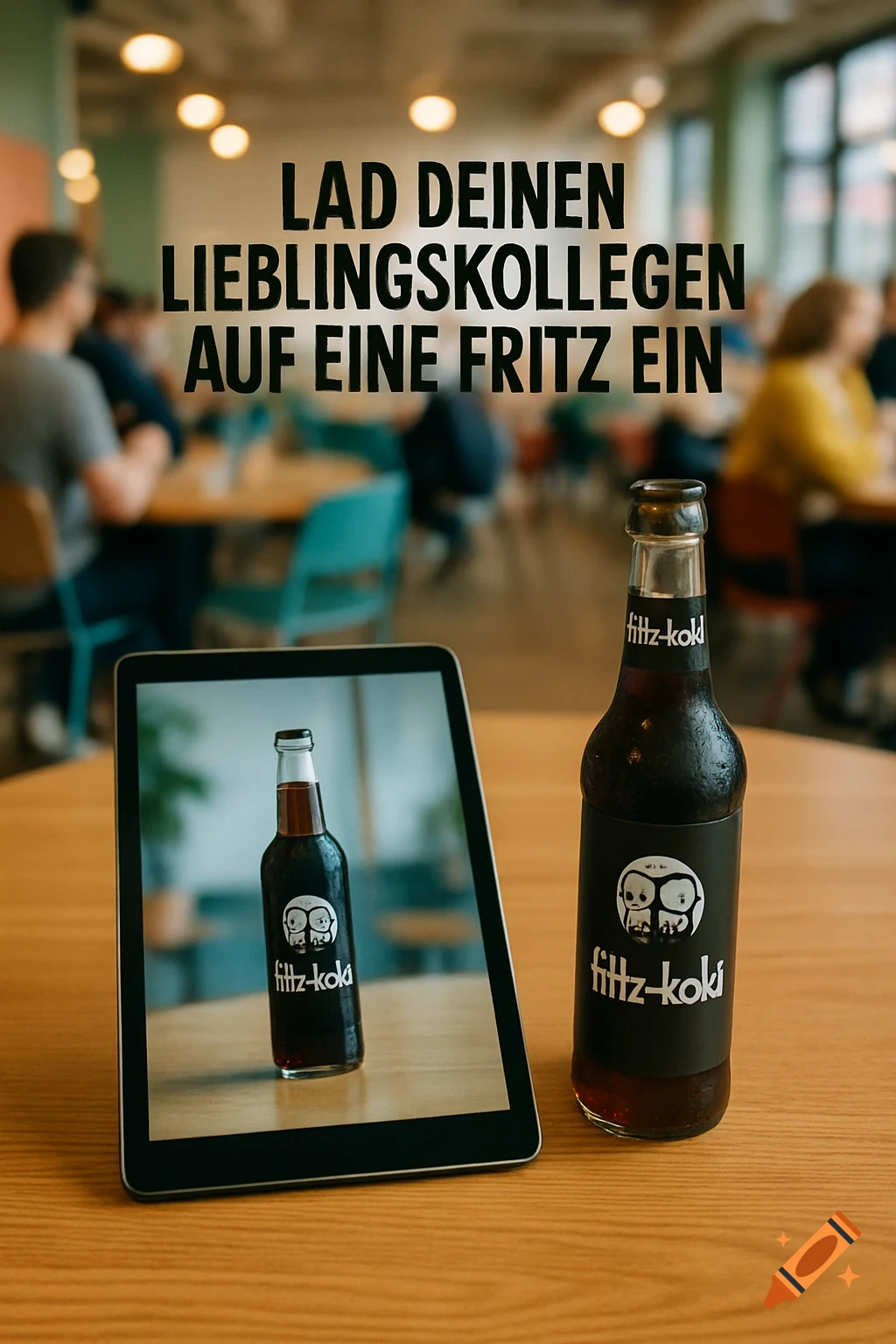 A Fritz-Kola bottle and a tablet displaying the same bottle sit on a wooden table in a cafeteria, with German text overlay.