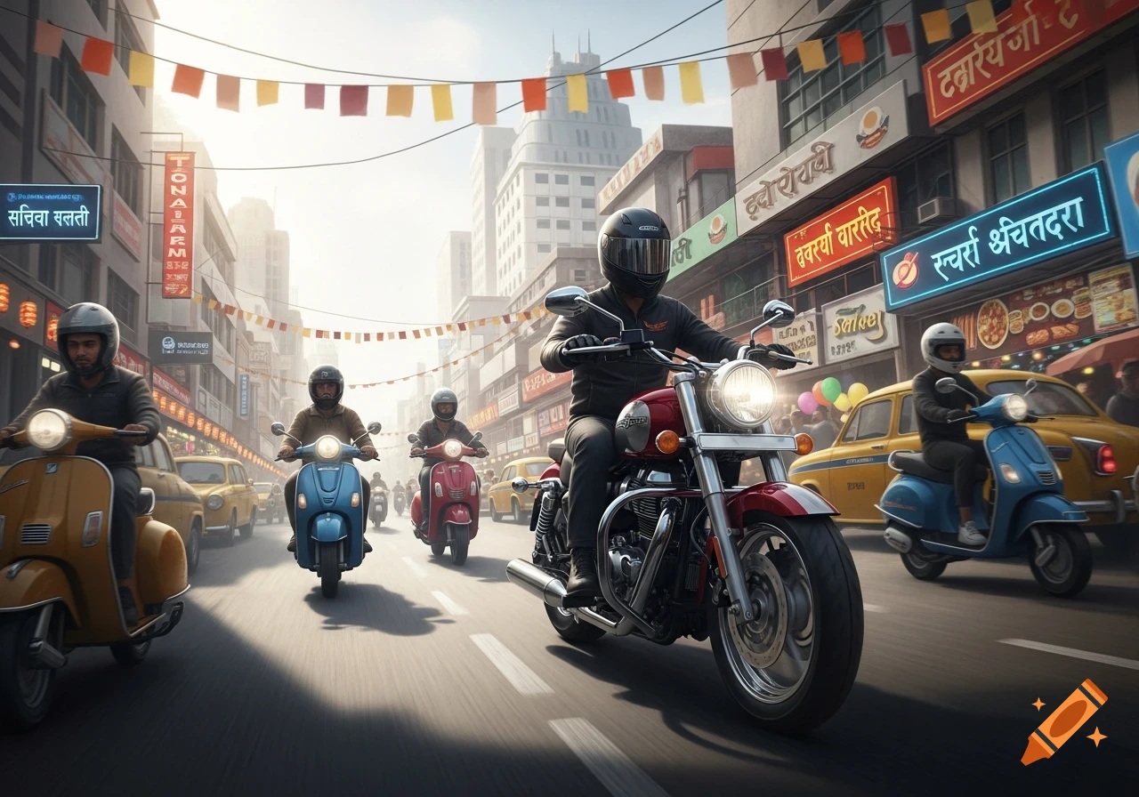 People ride motorcycles and scooters on a bustling, banner-decorated city street in India, photorealistic style.