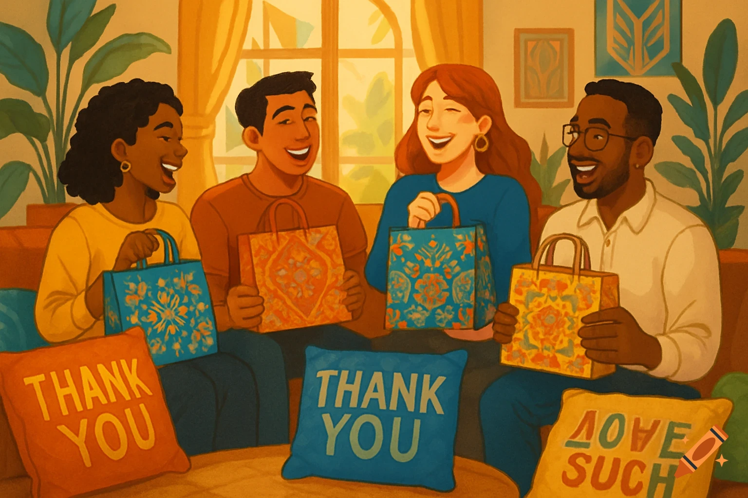 Four diverse friends joyfully hold patterned gift bags in a warm-toned living room, with cushions displaying "THANK YOU" and "LOVE SUCH" in an illustrative style.