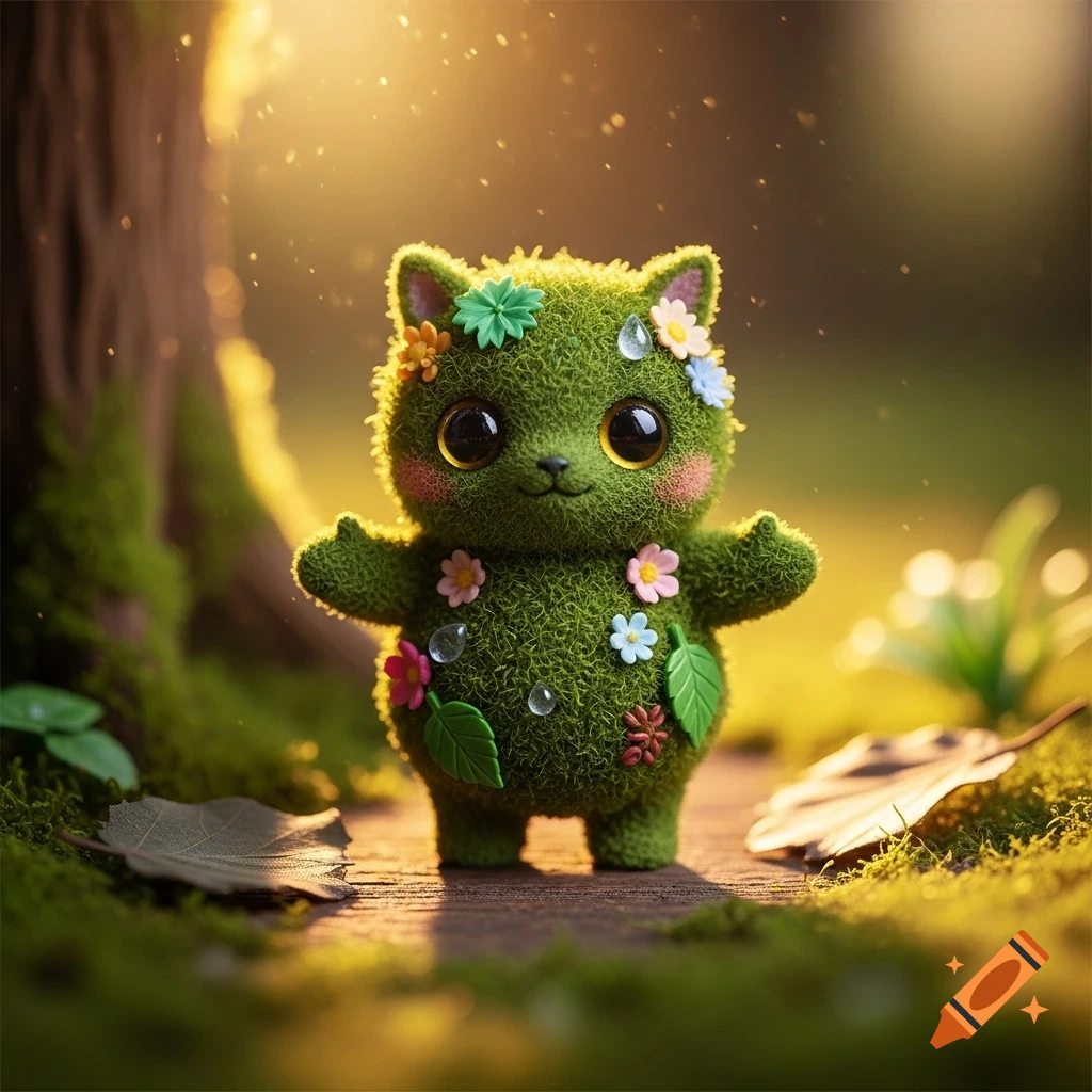 A cute, fluffy green moss creature with big eyes, decorated with colorful flowers and dew drops, in a sunlit enchanted forest.