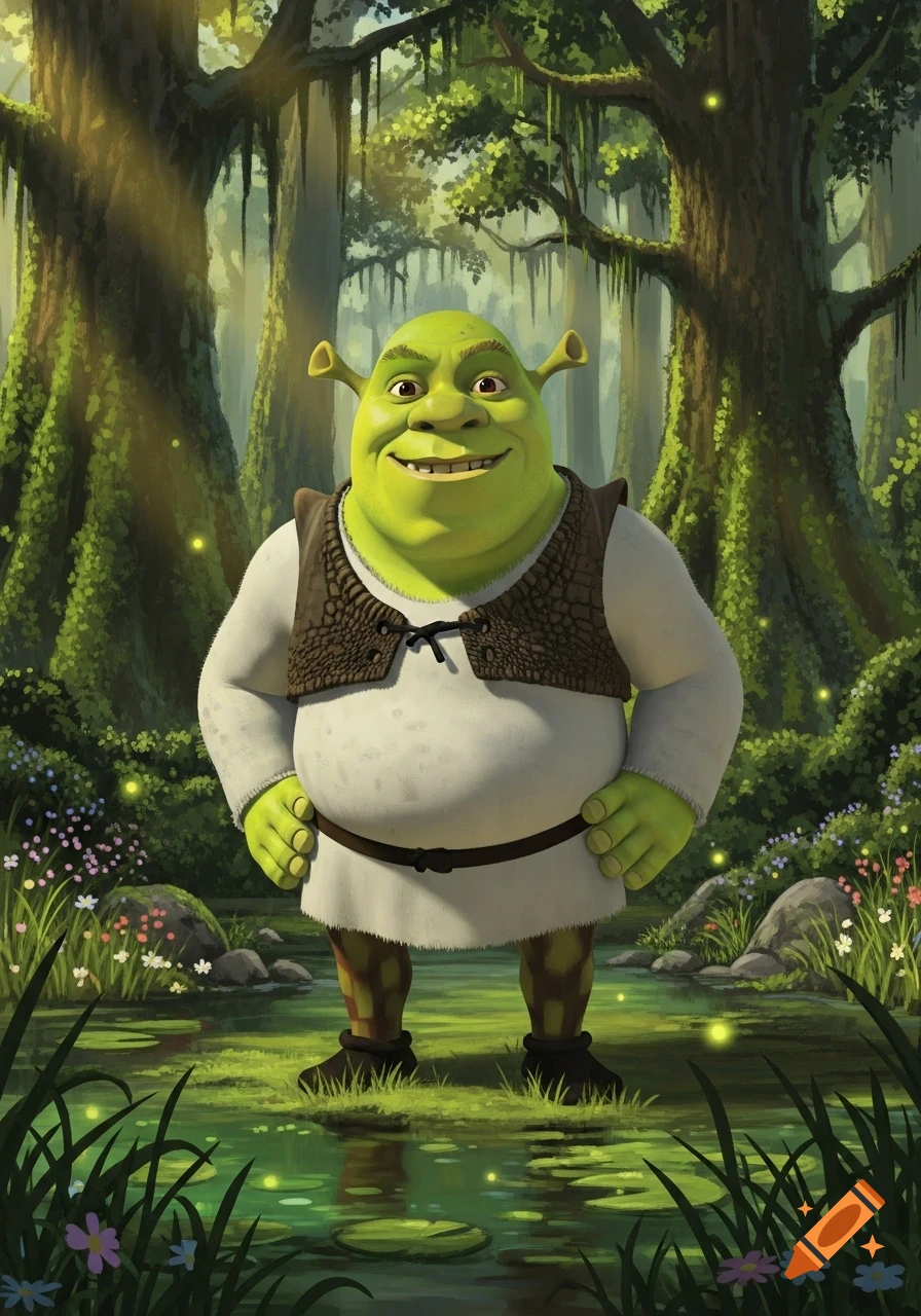 Shrek, a green ogre, stands smiling in a vibrant, sunlit swamp with mossy trees and fireflies.