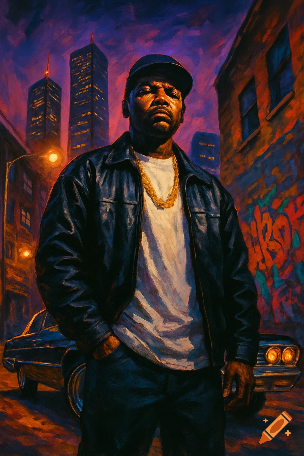 Painterly portrait of a man in a black leather jacket and gold chain standing in a city at night with tall buildings and a car.