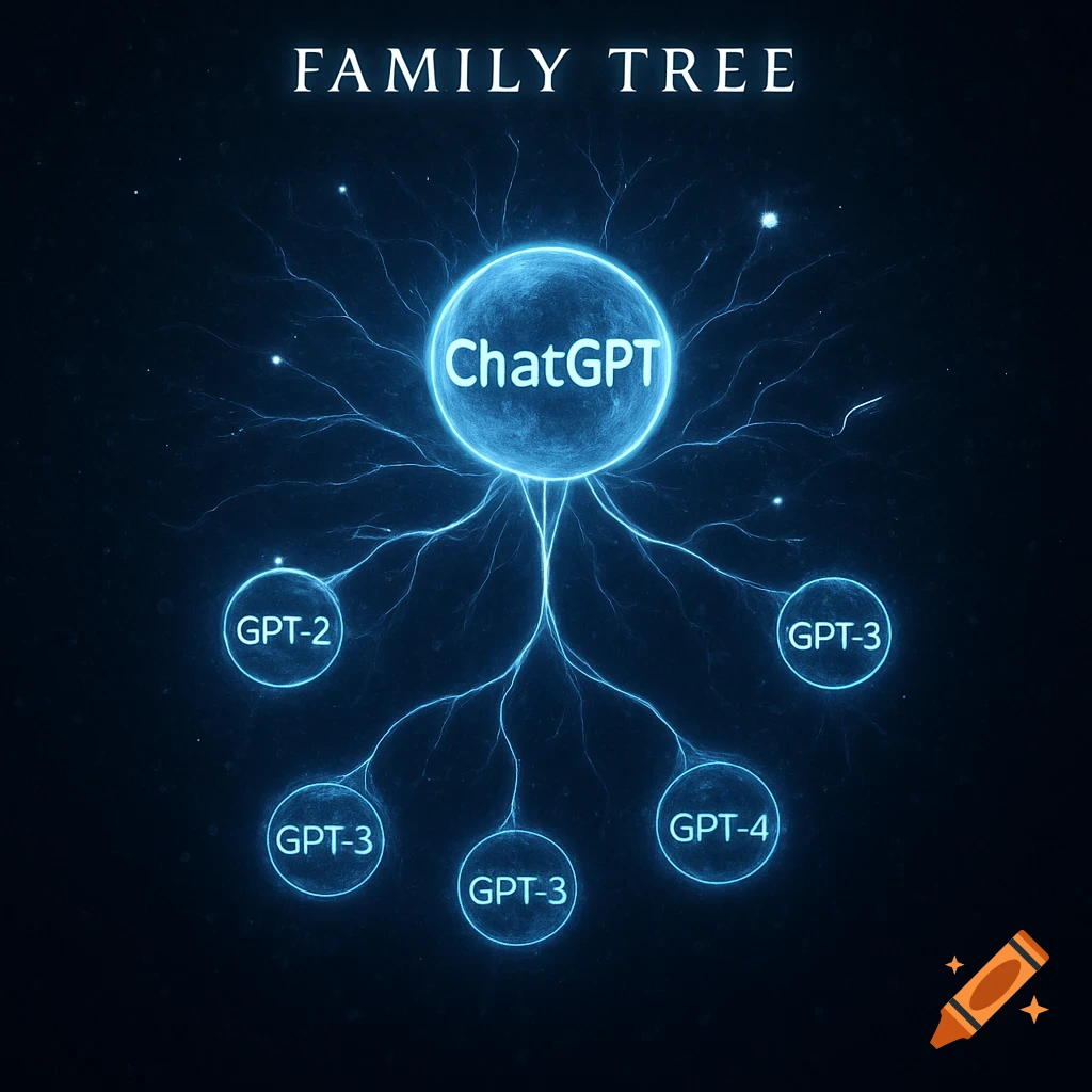 A glowing blue family tree diagram showing ChatGPT as the central node connected to GPT-2, GPT-3, and GPT-4 models.