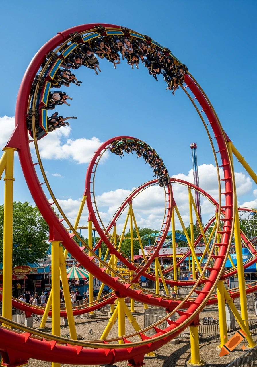 A vibrant red and yellow rollercoaster with riders upside down on a loop under a blue sky at an amusement park.