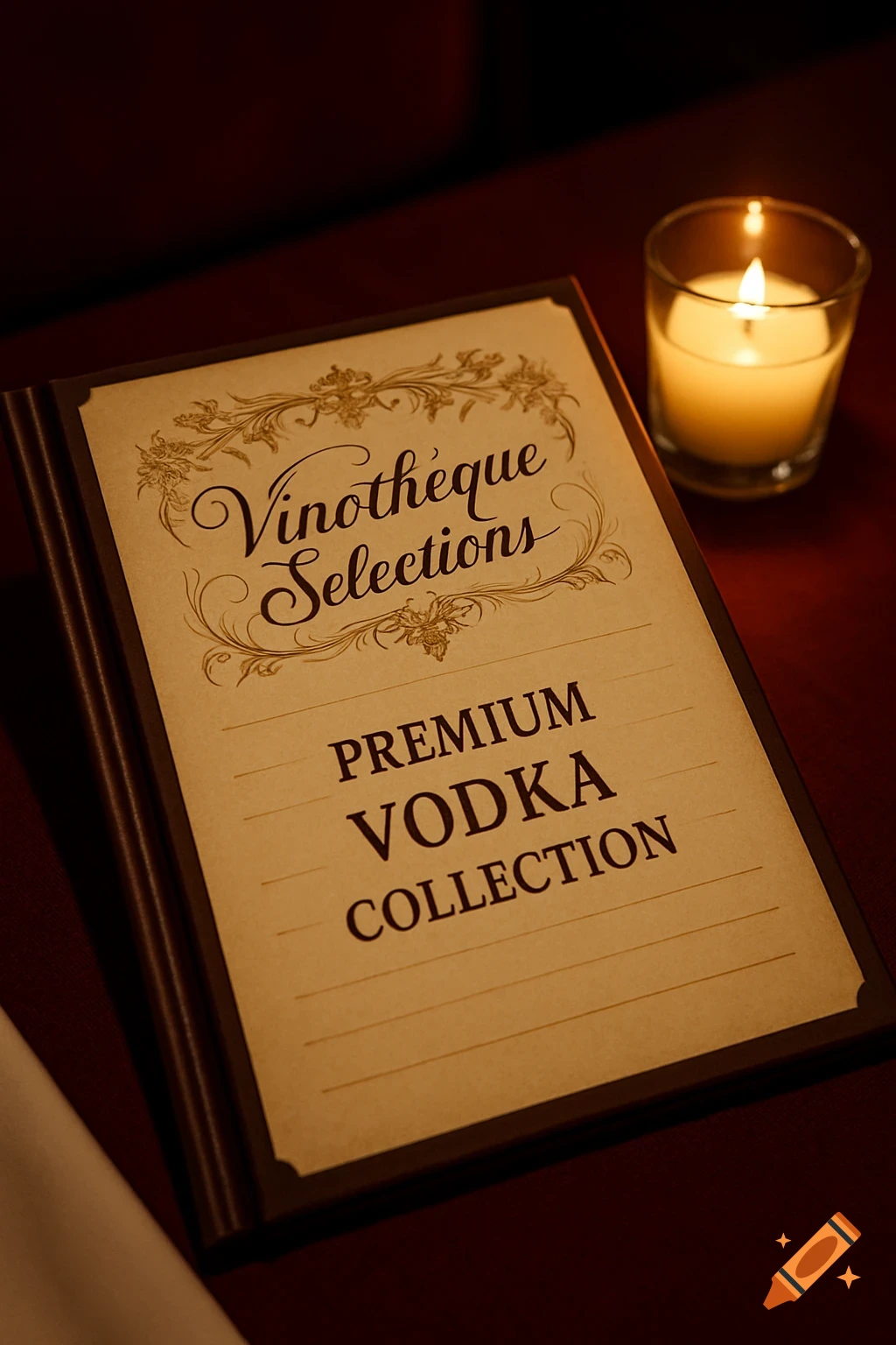A menu titled 'Vinothèque Selections Premium Vodka Collection' on a dark table, next to a glowing candle.