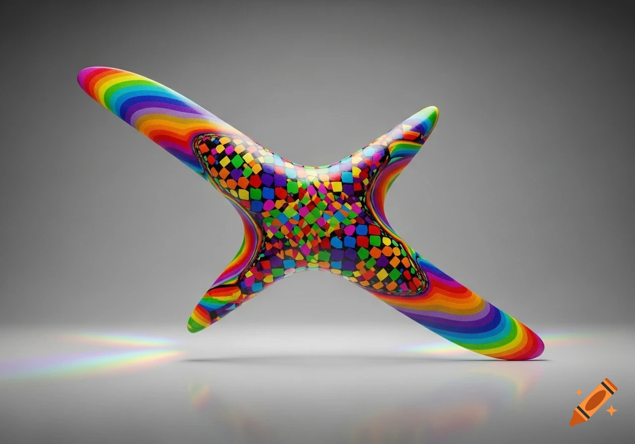 A photorealistic image of a two-pronged, boomerang-shaped object with rainbow stripes and a colorful checkerboard pattern, on a grey background with reflections.