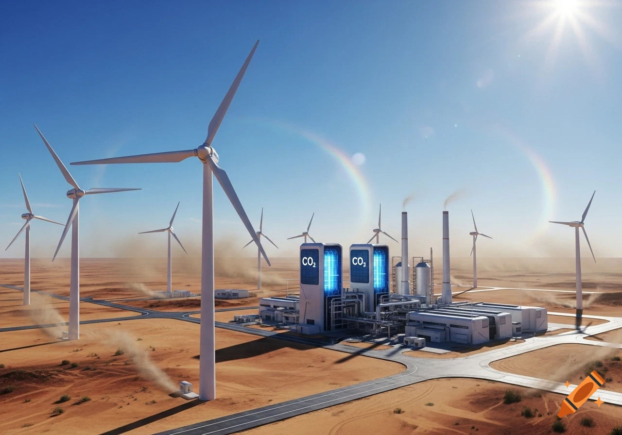 Photorealistic image of a desert e-fuels production plant with wind turbines and CO2 capture technology under a sunny sky.