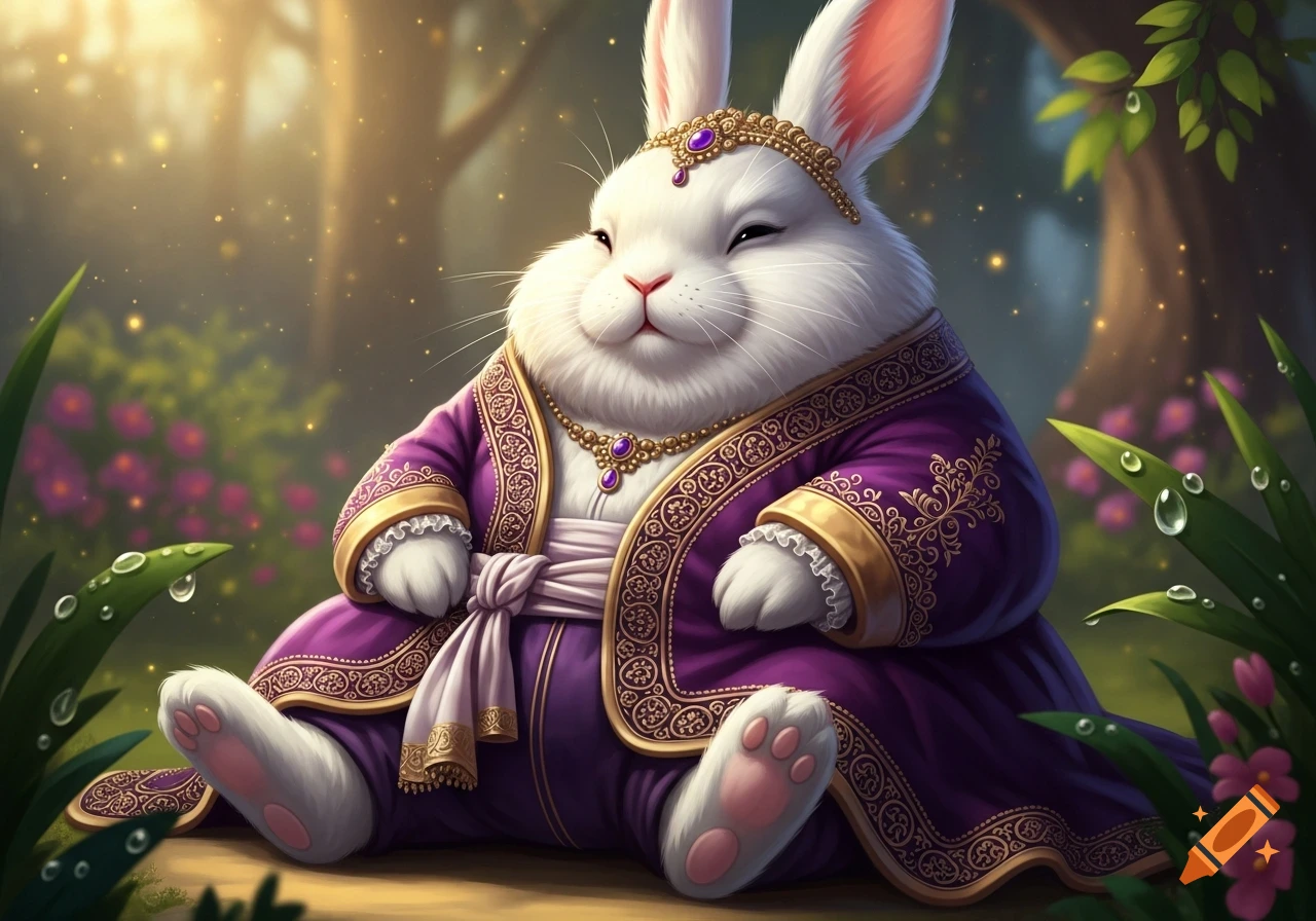 A chubby white rabbit wearing an ornate purple and gold robe with a jeweled crown sits in a magical forest with glowing particles.