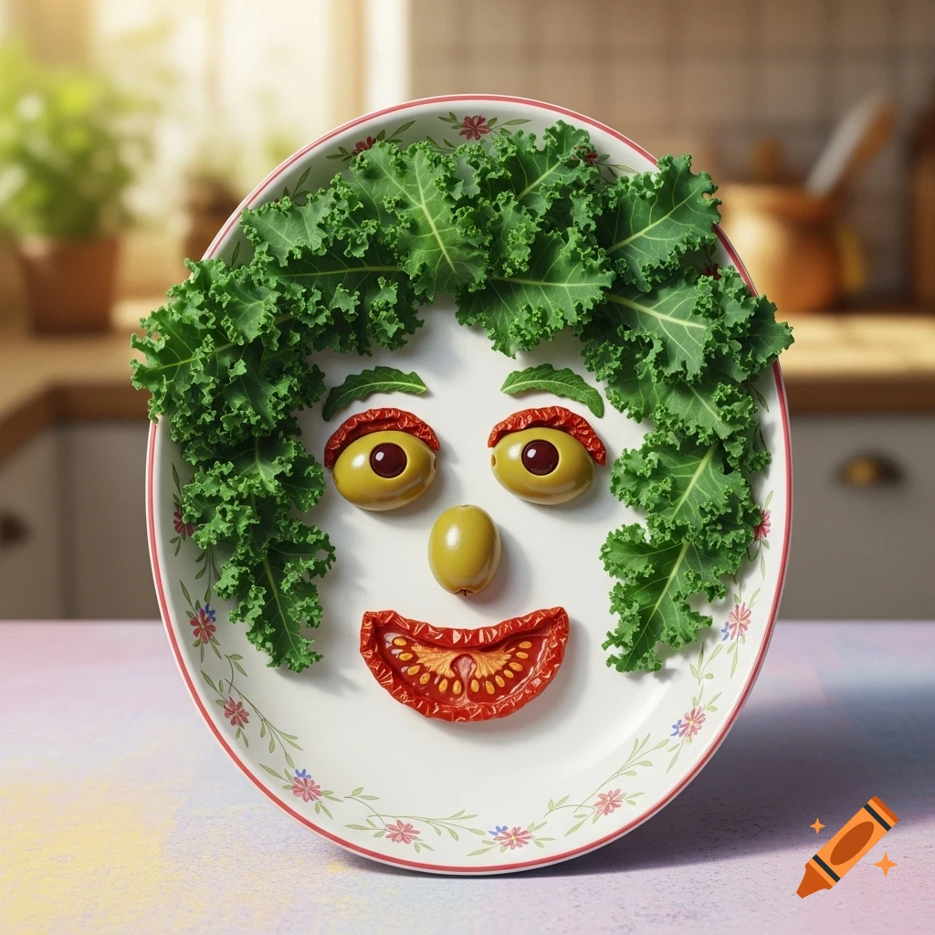 A photorealistic image of a smiling face made from kale, olives, and a sun-dried tomato on a decorative white plate.