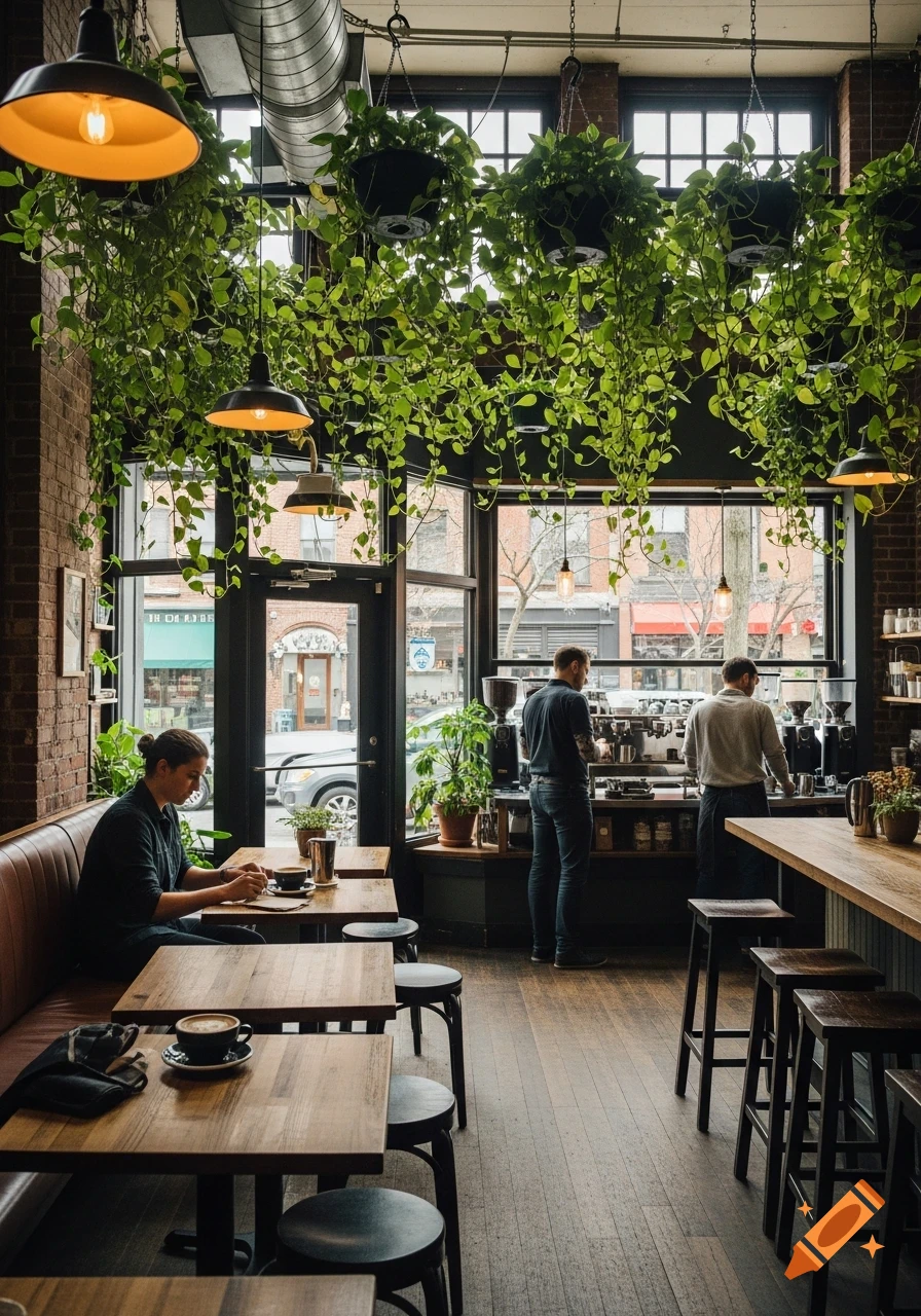A stylish coffee shop interior with hanging plants, people at tables and baristas behind the counter, looking out onto a city street.