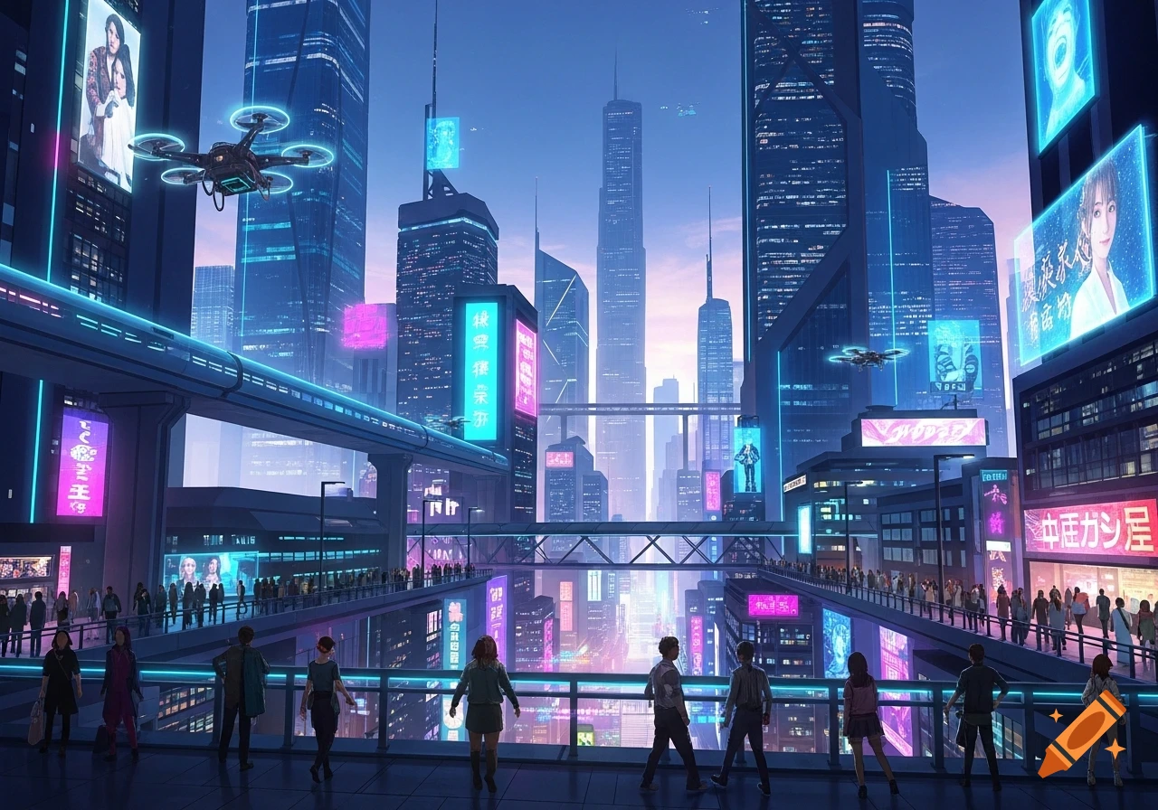 A vibrant cyberpunk city at twilight with tall skyscrapers, neon signs, flying drones, and people on elevated walkways.
