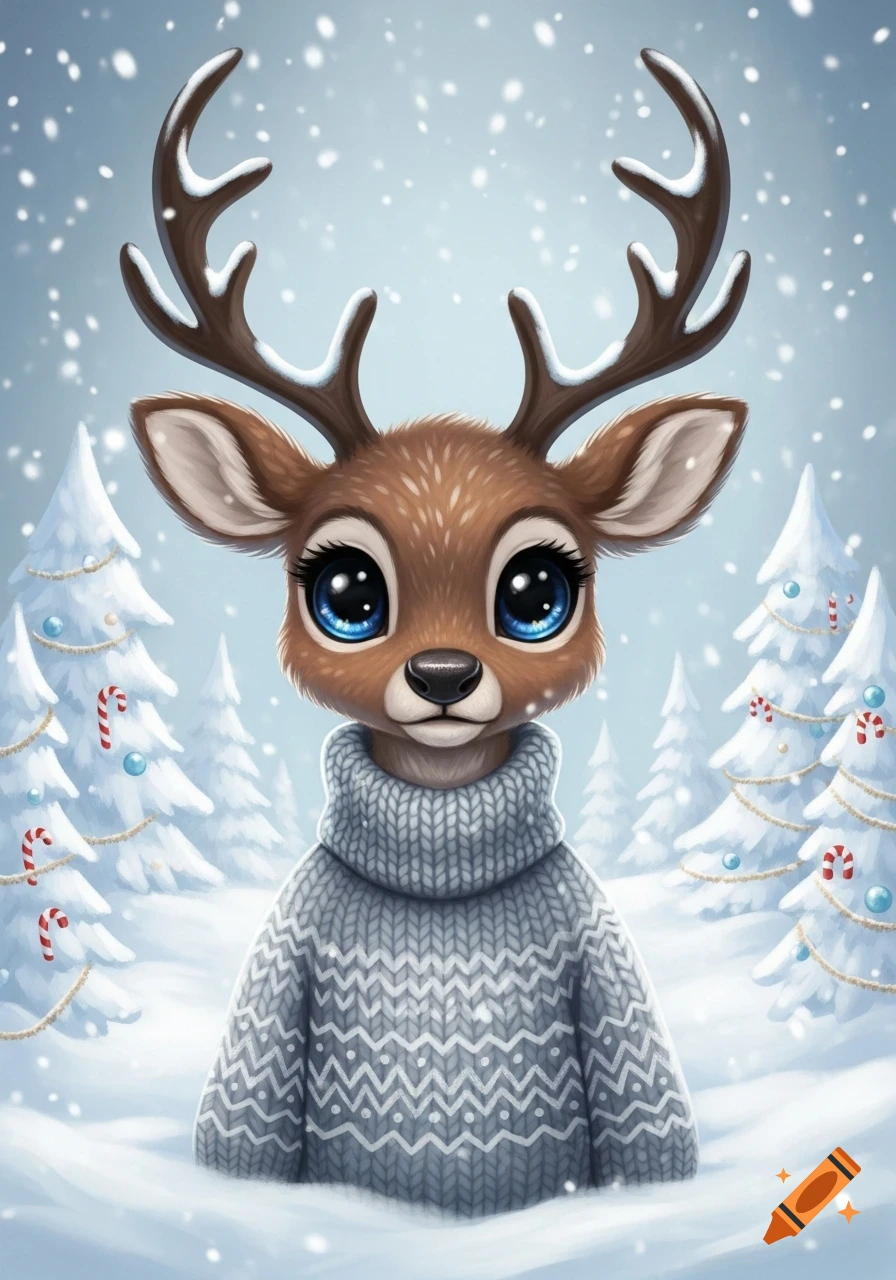 A cute cartoon reindeer with big blue eyes and antlers wears a patterned winter sweater in a snowy scene with decorated Christmas trees.