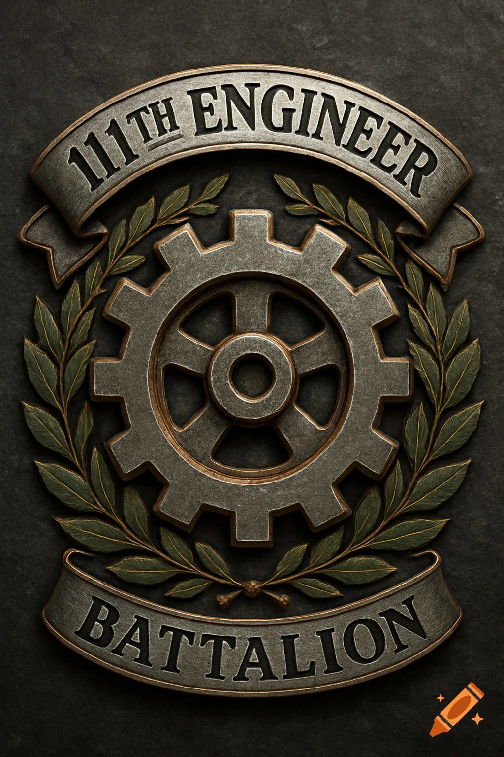 An antique-style metallic emblem featuring a gear surrounded by olive branches, with banners reading '111TH ENGINEER' and 'BATTALION'.