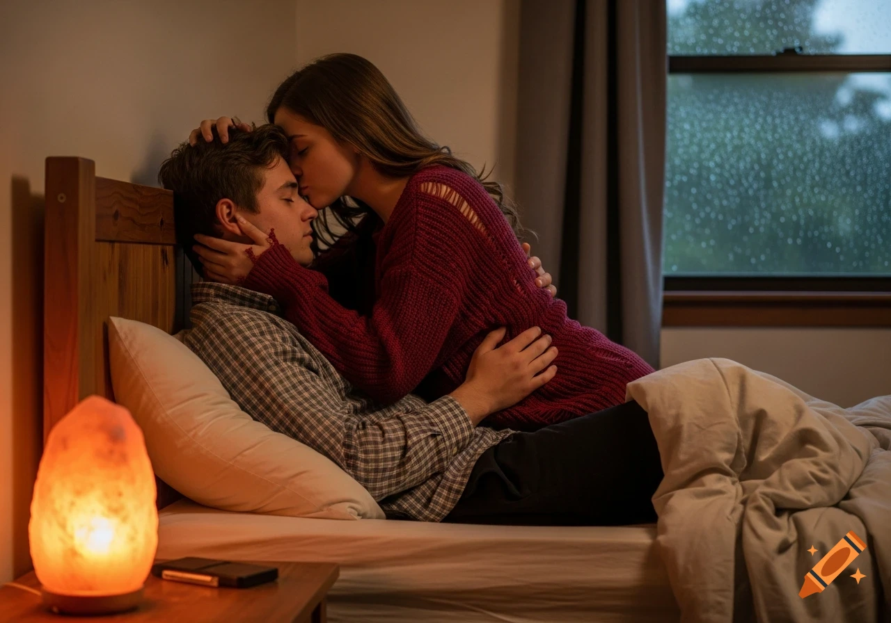 A woman in a maroon sweater kisses a man's forehead as they embrace on a bed in a dimly lit room with a salt lamp.