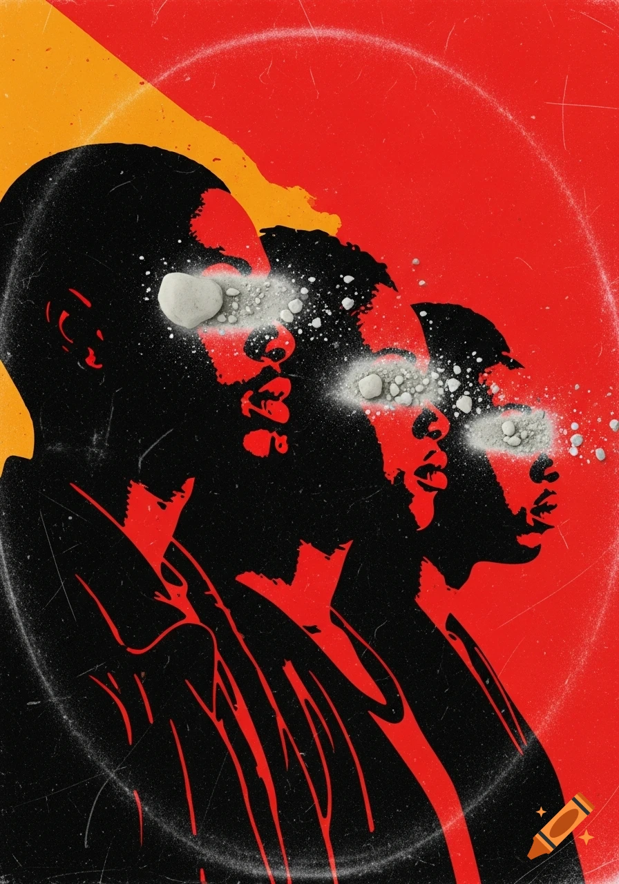 Three high-contrast, grunge-style silhouetted figures in red and black, with faces eroding into white particles.