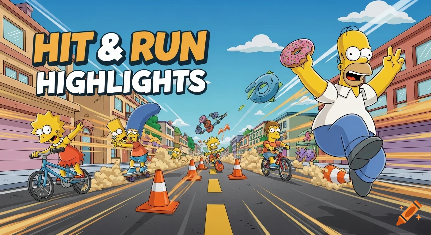 The Simpsons family racing down a cartoon city street with traffic cones. Homer runs with a donut, Lisa bikes, Bart skateboards, all with speed lines.