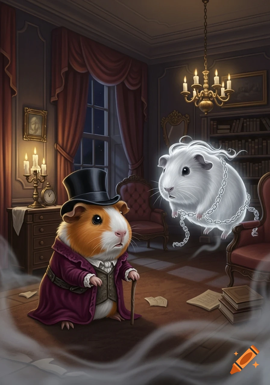 Illustration of a guinea pig dressed as Ebenezer Scrooge encountering a ghostly guinea pig in chains in a Victorian study.