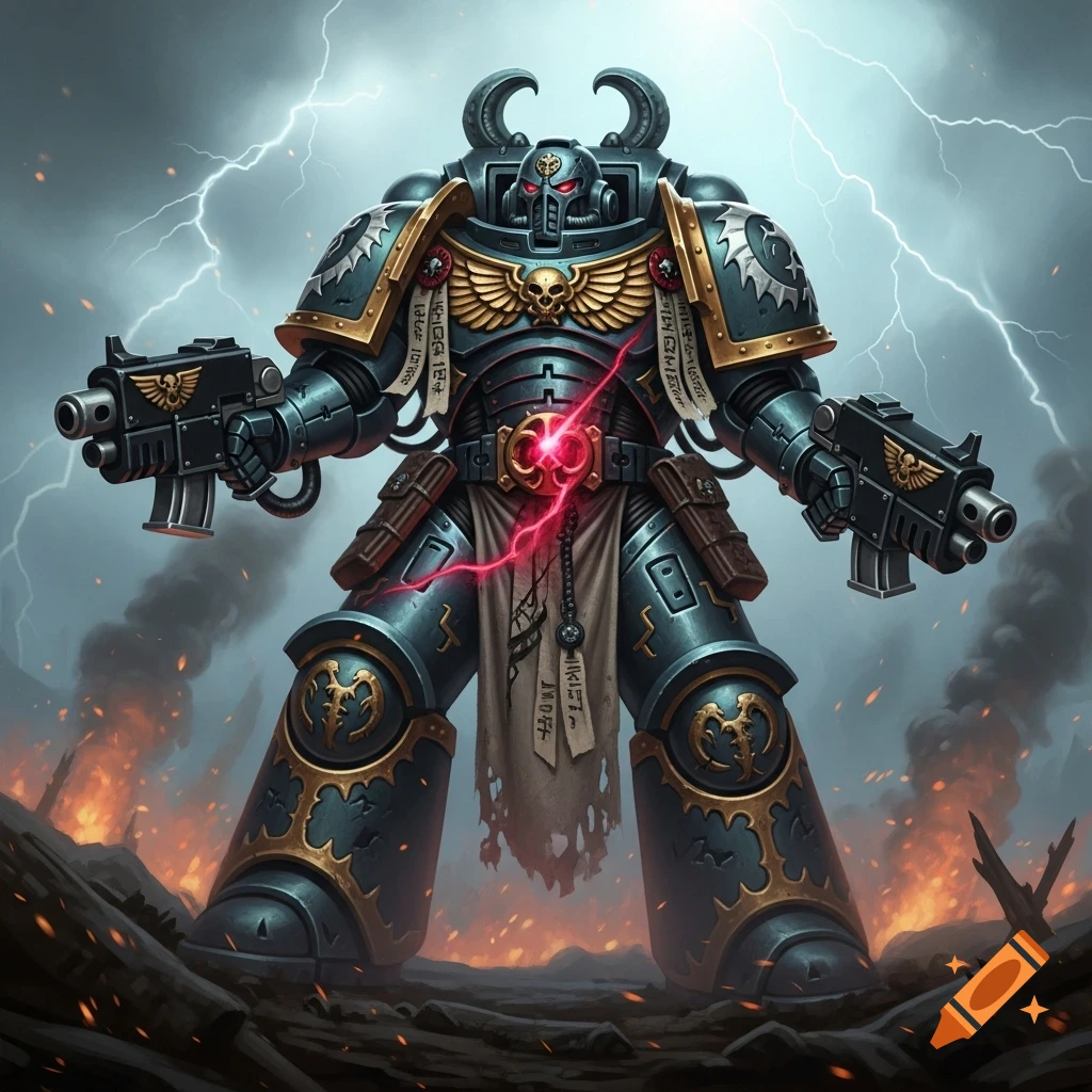 A heavily armored, horned space marine with glowing red eyes and dual guns stands in a stormy, burning battleground.