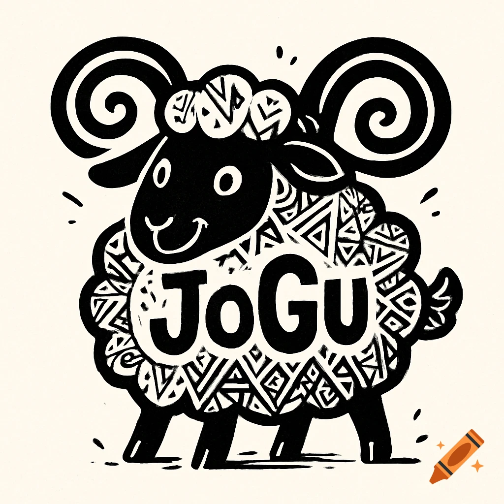 Black and white patterned cartoon sheep illustration with curly horns and 'JoGu' text on its body.