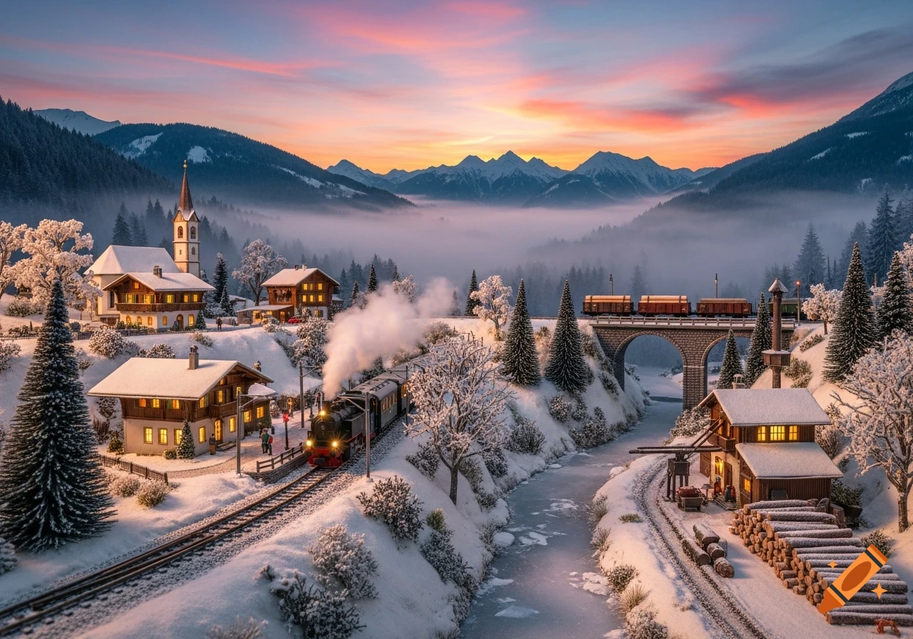 A detailed H0 model train set depicting a snowy alpine village at sunrise, with trains, houses, a church, and a frozen river.