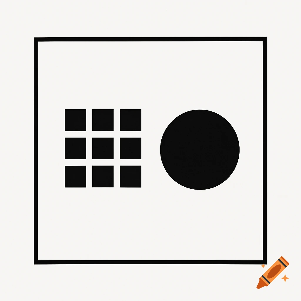 Minimalist black and white logo with a 3x3 grid of black squares and a large black circle inside a square frame.