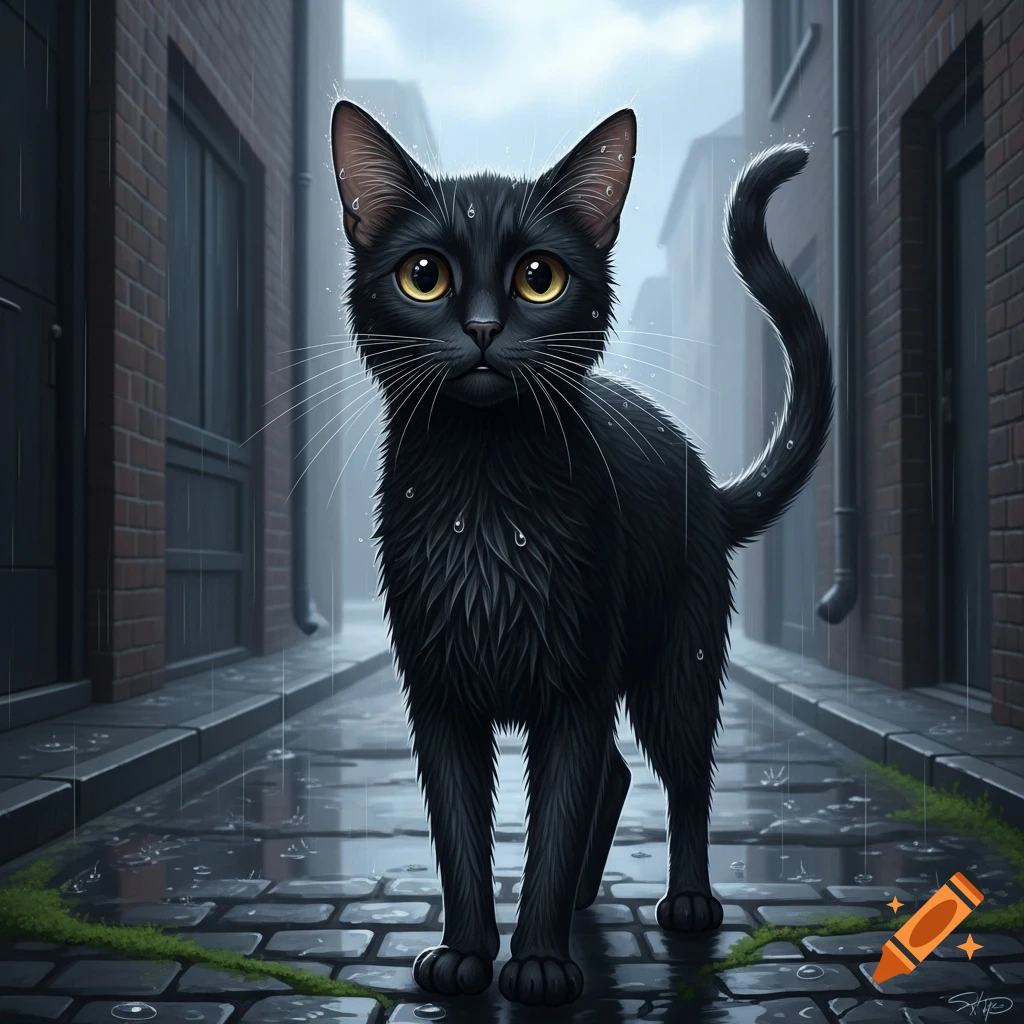 A wet black cat with large yellow eyes stands on a cobblestone alley in the rain, looking towards the viewer.