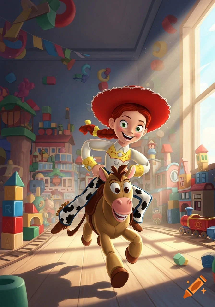 Jessie from Toy Story riding Bullseye through a sunlit room filled with colorful building blocks and toys, in a vibrant animated style.