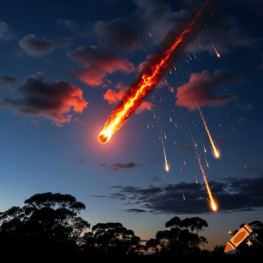 A large, flaming meteorite and smaller fragments streak across a dark twilight sky above silhouetted trees, with clouds lit by the meteors' glow.