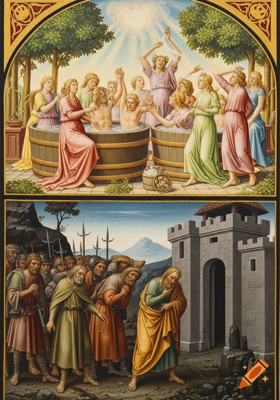 A medieval fresco diptych. Top: People bathe joyfully in wooden tubs under radiant light. Bottom: Somber men near a stone fortress.