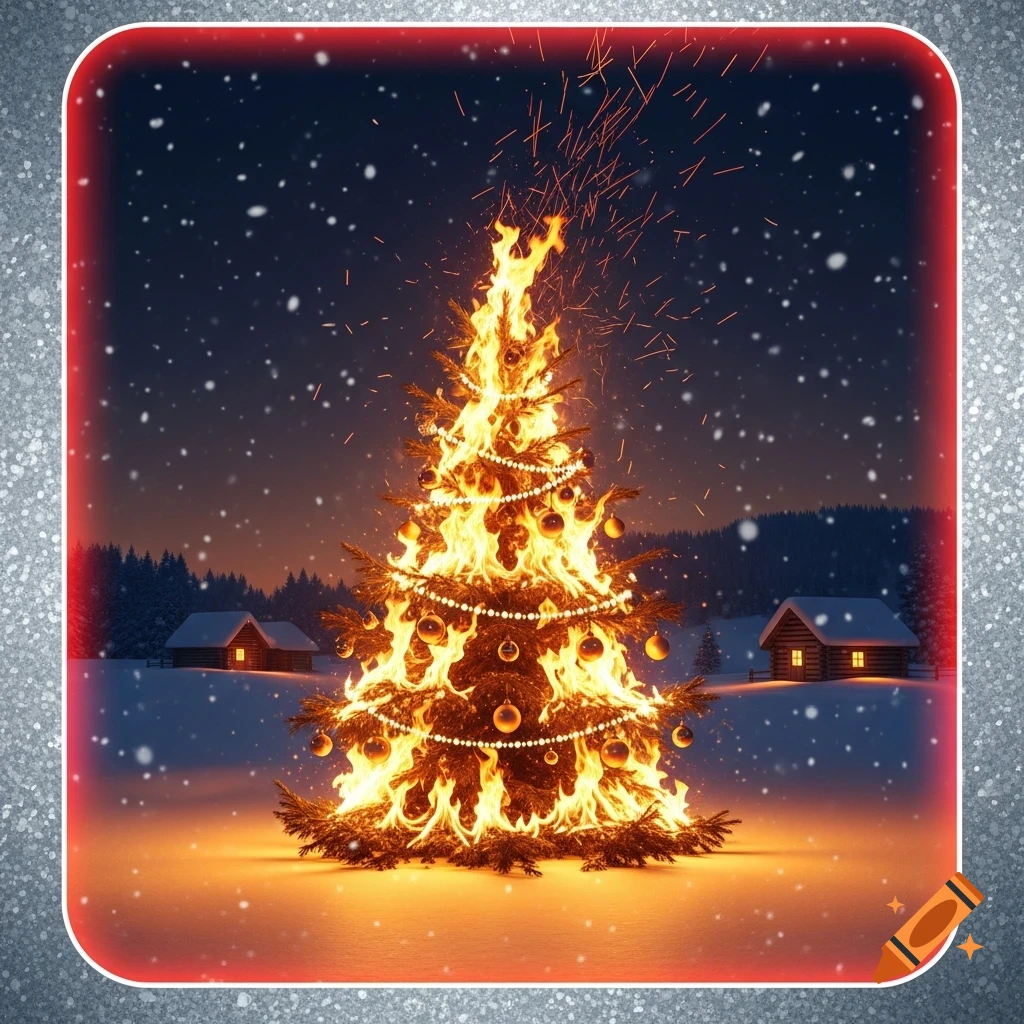 A decorated Christmas tree engulfed in flames and sparks in a snowy winter landscape with cabins under a starry night.