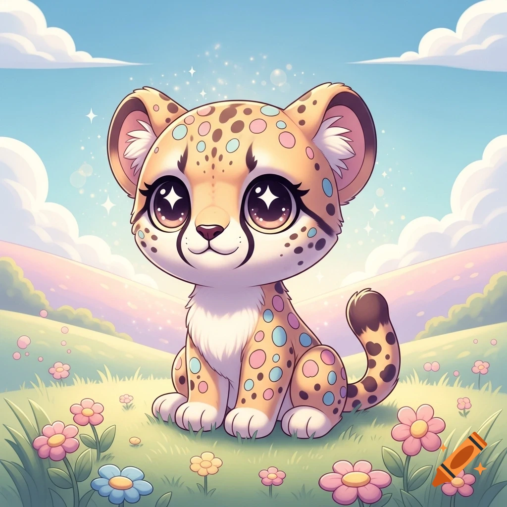 A cute, stylized cheetah cub with big sparkly eyes and colorful spots sits in a grassy field with pink and blue flowers under a blue sky.