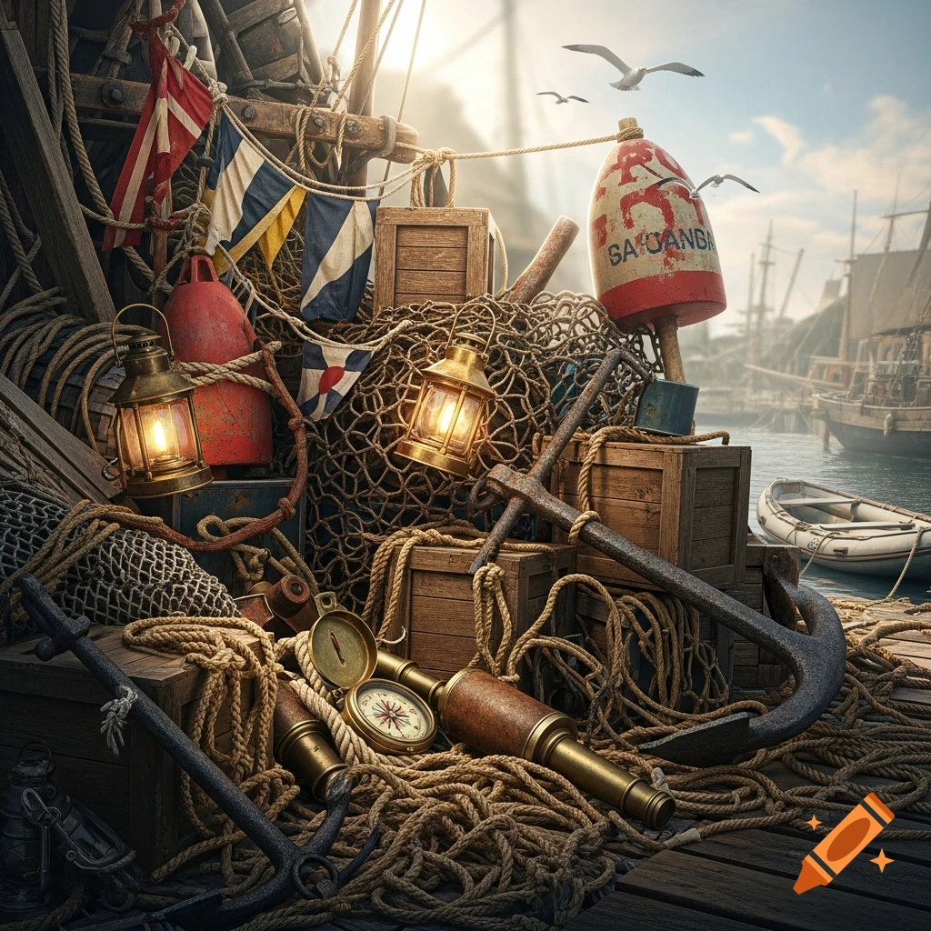 A detailed still life of nautical equipment, including coiled ropes, anchors, lanterns, a buoy, and a telescope, on a wooden deck by a harbor with boats at sunset.