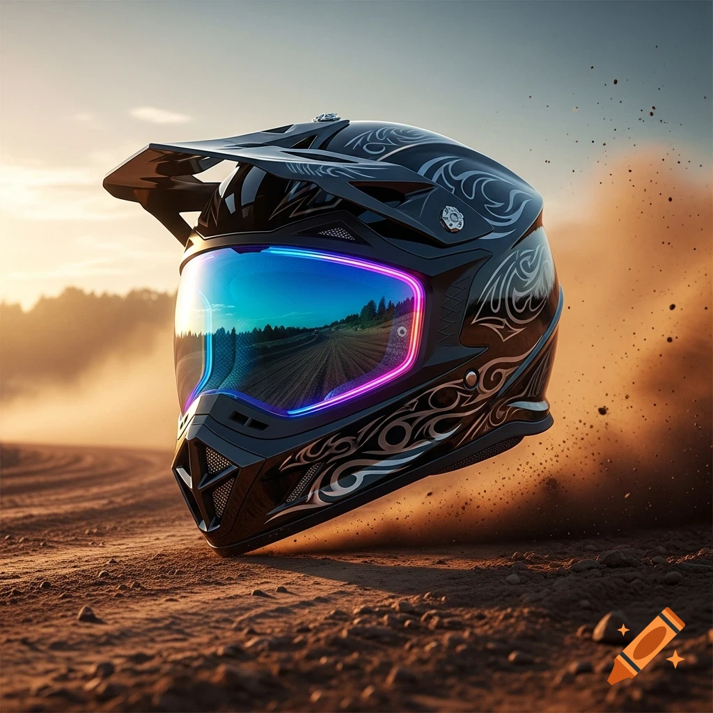 A black motocross helmet with ornate designs and a vibrant blue and pink reflective visor rests on a dusty dirt track at sunset.