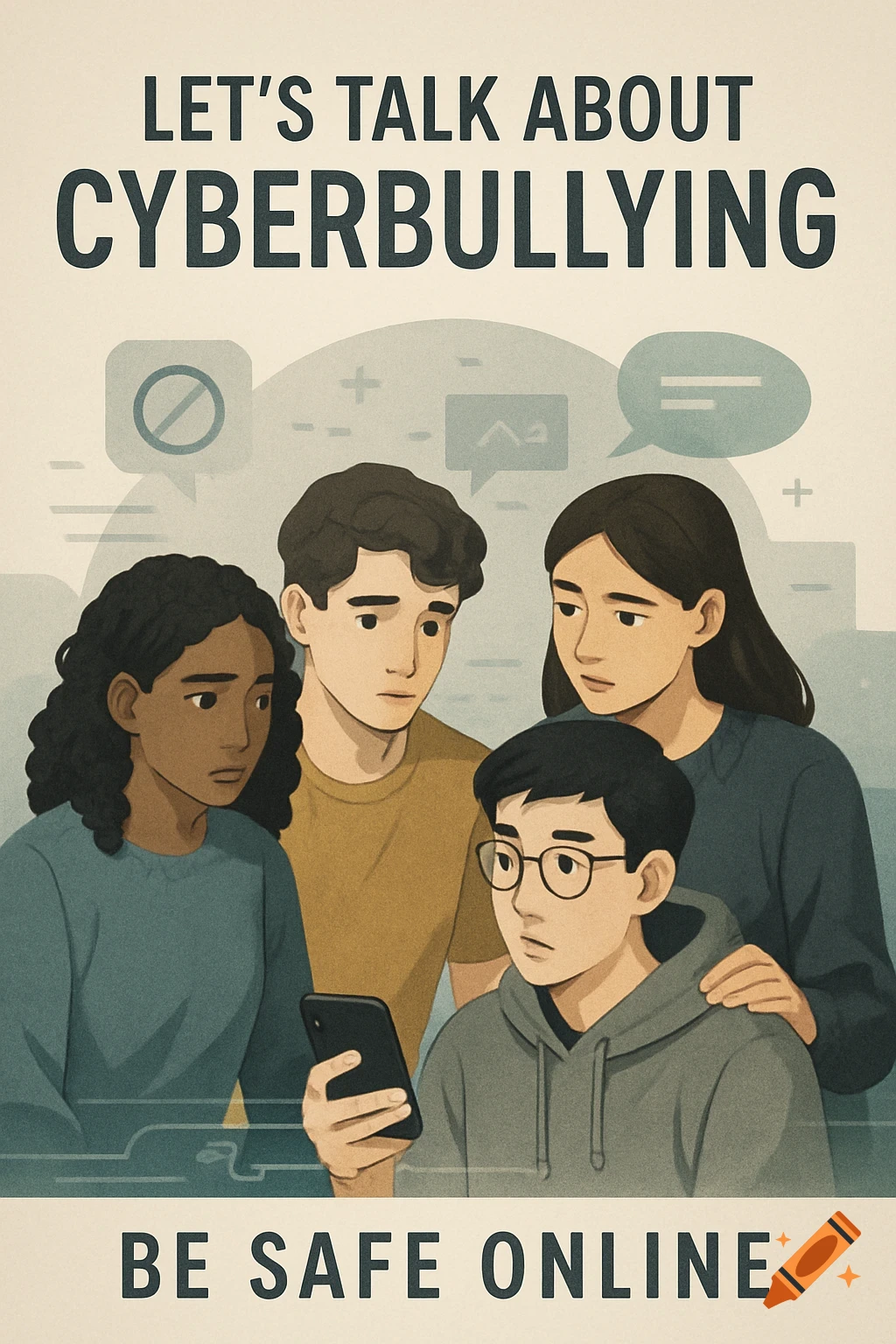 An illustration of four young people with concerned expressions looking at a phone. Text: "LET'S TALK ABOUT CYBERBULLYING" and "BE SAFE ONLINE".