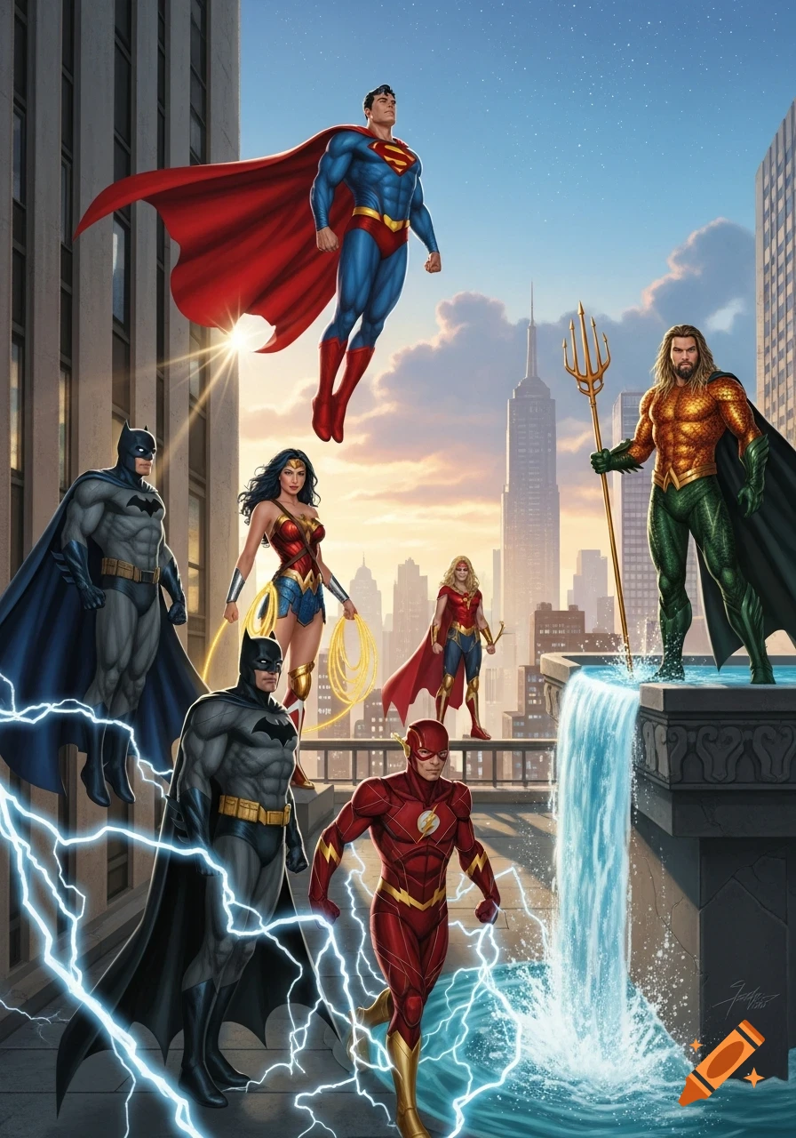 A group of DC superheroes including Superman, Batman, Wonder Woman, Aquaman, and Flash stand in a dramatic city skyline at sunset in a detailed comic book art style.