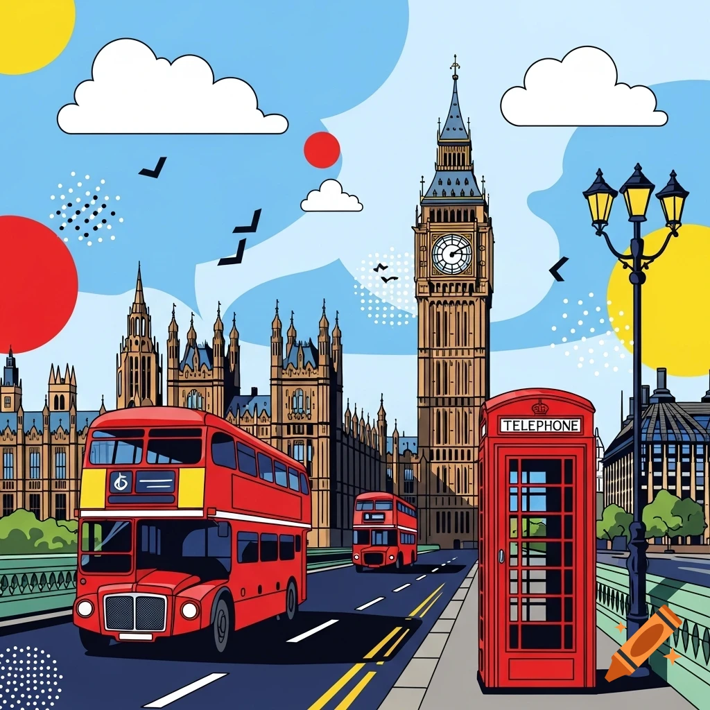 Pop art illustration of a vibrant London cityscape featuring Big Ben, Houses of Parliament, red double-decker buses, and a red telephone booth.